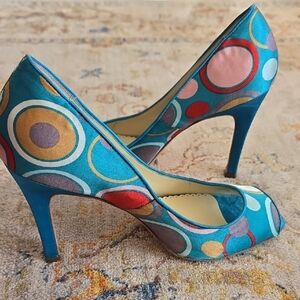 Martinez Valero Vibrant Multicolor Circle Heels Silk Leather Sole Womens Size 7